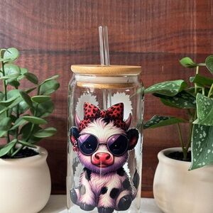 Cute Holstein Cow Glass Can Tumbler with Red Bow and Sunglasses